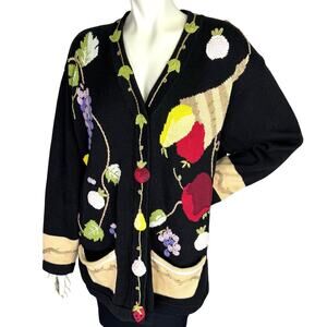 Vintage Storybook Knits Cardigan Sweater 1X Cornucopia Fruits Harvest 1990s HSN